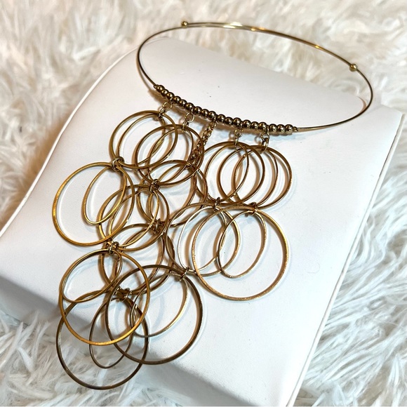 Bohemian BoHo Disco Dressy Gold Tone Chain Link Circle Loop Bib Choker Necklace - Picture 2 of 14